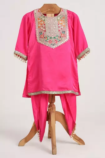 Pink  cotton embroidered  kurta set