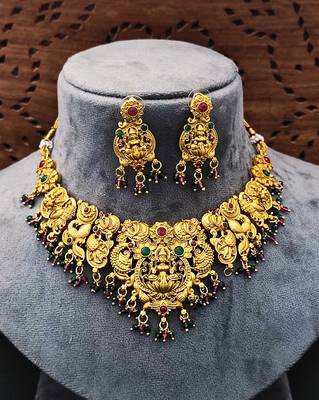 Antique gold-plated temple necklace set with lakshmi & peacock design     traditional bridal jewellery 6