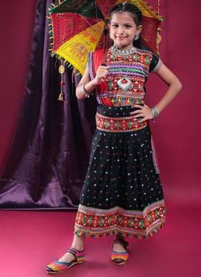 Navratri theme cotton half sleeves kutch work embroidered lehenga choli with dupatta - black 1