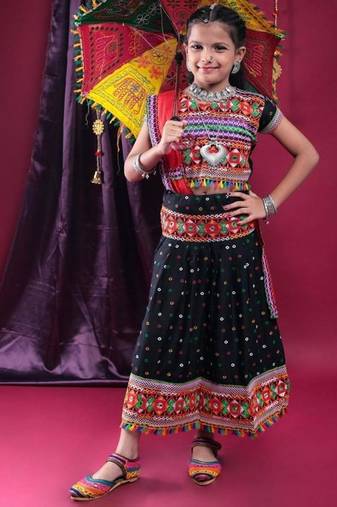 Navratri theme cotton half sleeves kutch work embroidered lehenga choli with dupatta - black