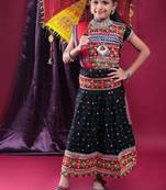 Navratri theme cotton half sleeves kutch work embroidered lehenga choli with dupatta - black
