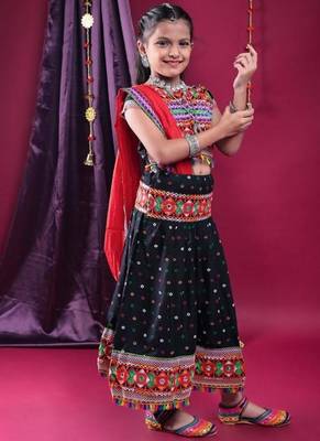 Navratri theme cotton half sleeves kutch work embroidered lehenga choli with dupatta - black 2