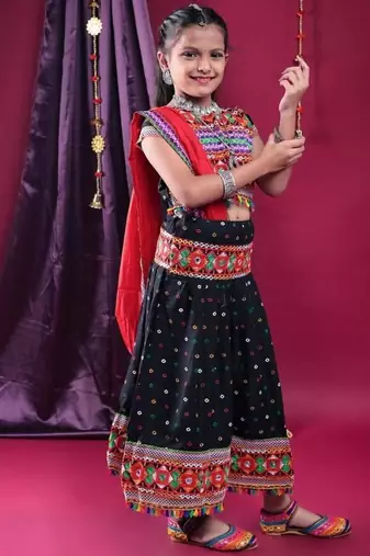 Navratri theme cotton half sleeves kutch work embroidered lehenga choli with dupatta - black