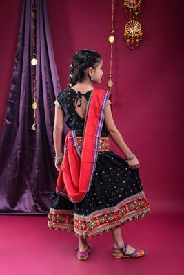 Navratri theme cotton half sleeves kutch work embroidered lehenga choli with dupatta - black 3