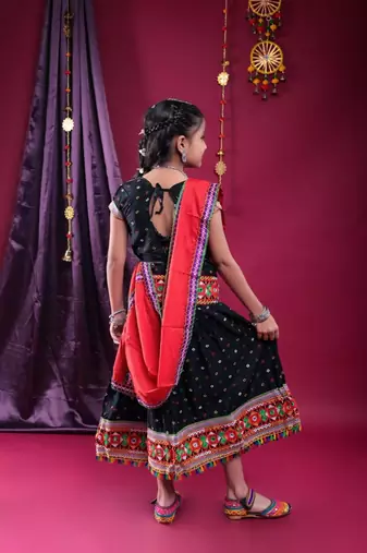 Navratri theme cotton half sleeves kutch work embroidered lehenga choli with dupatta - black