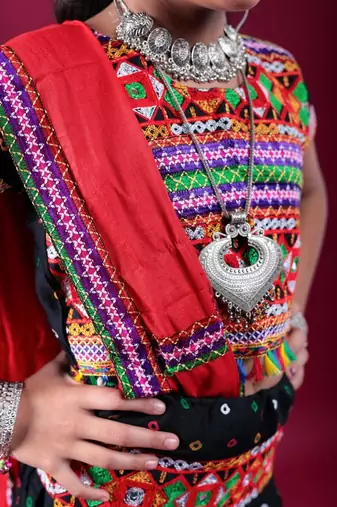 Navratri theme cotton half sleeves kutch work embroidered lehenga choli with dupatta - black