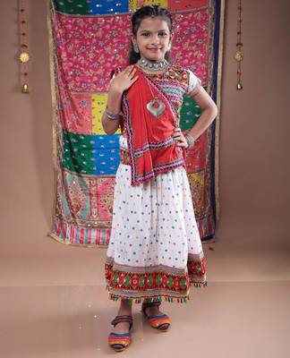 Navratri theme cotton half sleeves kutch work embroidered lehenga choli with dupatta - white 1