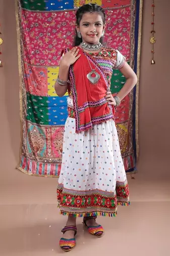 Navratri theme cotton half sleeves kutch work embroidered lehenga choli with dupatta - white
