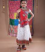 Navratri theme cotton half sleeves kutch work embroidered lehenga choli with dupatta - white