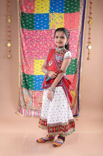 Navratri theme cotton half sleeves kutch work embroidered lehenga choli with dupatta - white