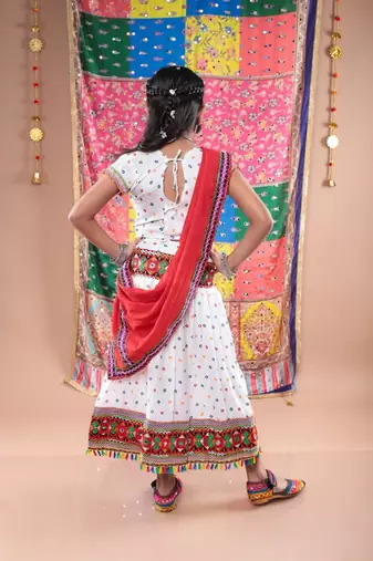 Navratri theme cotton half sleeves kutch work embroidered lehenga choli with dupatta - white