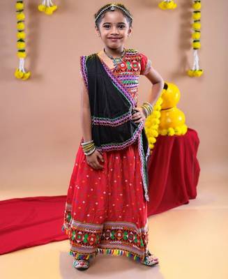 Navratri theme cotton half sleeves kutch work embroidered lehenga choli with dupatta - red 1