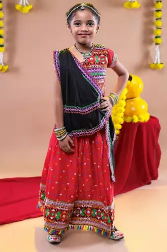 Navratri theme cotton half sleeves kutch work embroidered lehenga choli with dupatta - red