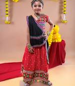 Navratri theme cotton half sleeves kutch work embroidered lehenga choli with dupatta - red