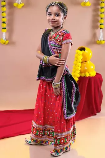 Navratri theme cotton half sleeves kutch work embroidered lehenga choli with dupatta - red