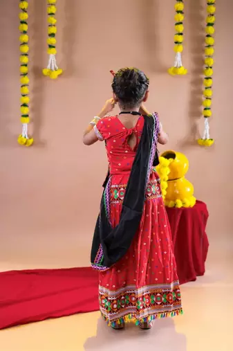Navratri theme cotton half sleeves kutch work embroidered lehenga choli with dupatta - red
