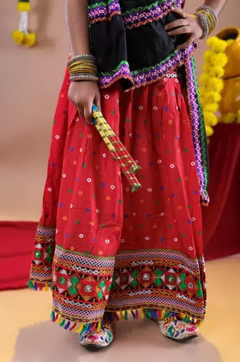 Navratri theme cotton half sleeves kutch work embroidered lehenga choli with dupatta - red