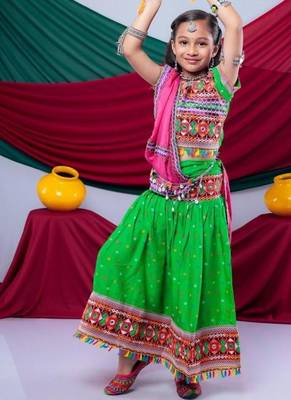 Navratri theme cotton half sleeves kutch work embroidered lehenga choli with dupatta - green 1