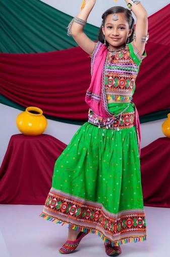 Navratri theme cotton half sleeves kutch work embroidered lehenga choli with dupatta - green