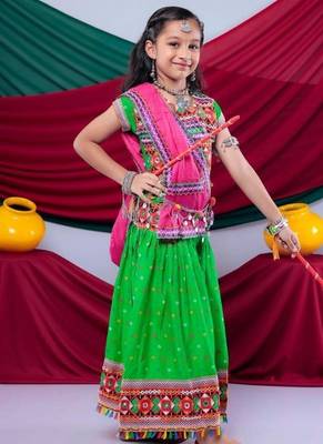 Navratri theme cotton half sleeves kutch work embroidered lehenga choli with dupatta - green 2