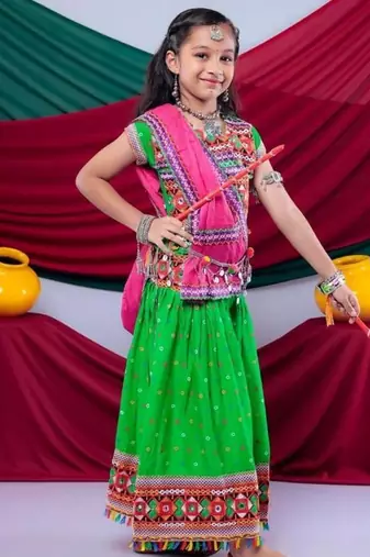 Navratri theme cotton half sleeves kutch work embroidered lehenga choli with dupatta - green