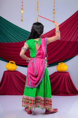 Navratri theme cotton half sleeves kutch work embroidered lehenga choli with dupatta - green 3