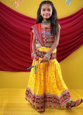 Navratri theme cotton half sleeves kutch work embroidered lehenga choli with dupatta - yellow 1