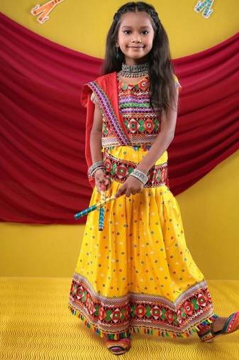 Navratri theme cotton half sleeves kutch work embroidered lehenga choli with dupatta - yellow