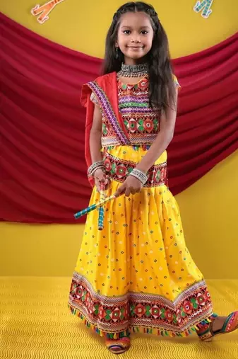 Navratri theme cotton half sleeves kutch work embroidered lehenga choli with dupatta - yellow