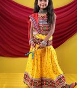Navratri theme cotton half sleeves kutch work embroidered lehenga choli with dupatta - yellow