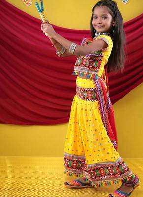 Navratri theme cotton half sleeves kutch work embroidered lehenga choli with dupatta - yellow 2