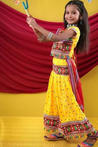 Navratri theme cotton half sleeves kutch work embroidered lehenga choli with dupatta - yellow