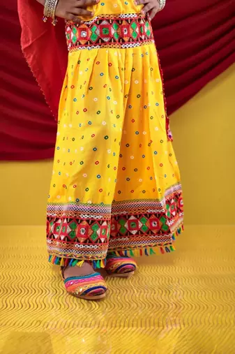 Navratri theme cotton half sleeves kutch work embroidered lehenga choli with dupatta - yellow