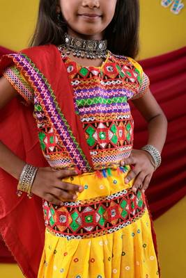 Navratri theme cotton half sleeves kutch work embroidered lehenga choli with dupatta - yellow 4