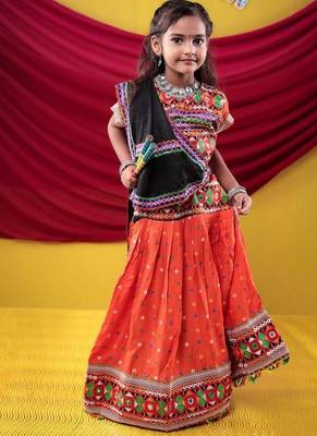 Navratri theme cotton half sleeves kutch work embroidered lehenga choli with dupatta - orange 1