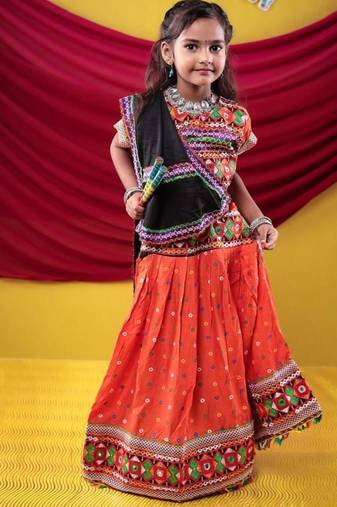 Navratri theme cotton half sleeves kutch work embroidered lehenga choli with dupatta - orange