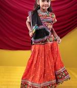 Navratri theme cotton half sleeves kutch work embroidered lehenga choli with dupatta - orange
