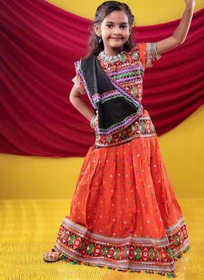Navratri theme cotton half sleeves kutch work embroidered lehenga choli with dupatta - orange 2