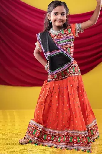 Navratri theme cotton half sleeves kutch work embroidered lehenga choli with dupatta - orange