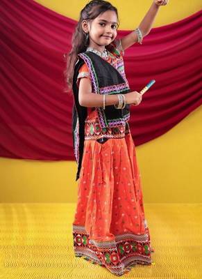 Navratri theme cotton half sleeves kutch work embroidered lehenga choli with dupatta - orange 3