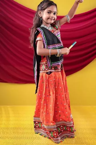 Navratri theme cotton half sleeves kutch work embroidered lehenga choli with dupatta - orange