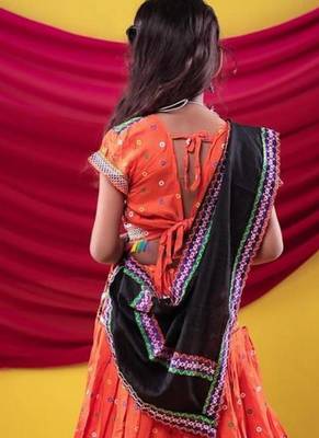 Navratri theme cotton half sleeves kutch work embroidered lehenga choli with dupatta - orange 4