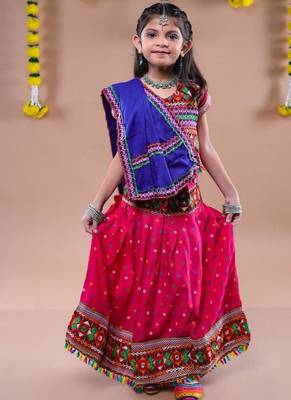 Navratri theme cotton half sleeves kutch work embroidered lehenga choli with dupatta - pink 1