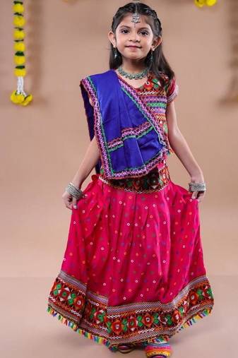 Navratri theme cotton half sleeves kutch work embroidered lehenga choli with dupatta - pink