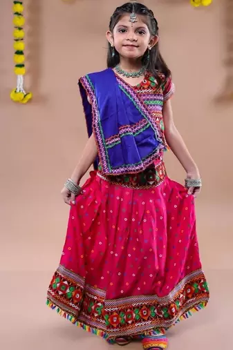 Navratri theme cotton half sleeves kutch work embroidered lehenga choli with dupatta - pink