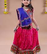 Navratri theme cotton half sleeves kutch work embroidered lehenga choli with dupatta - pink