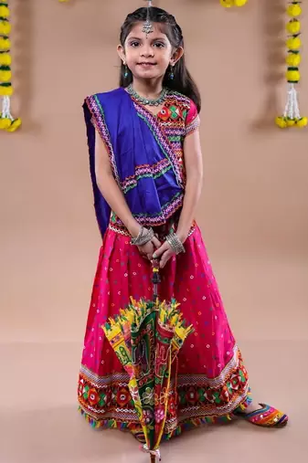 Navratri theme cotton half sleeves kutch work embroidered lehenga choli with dupatta - pink