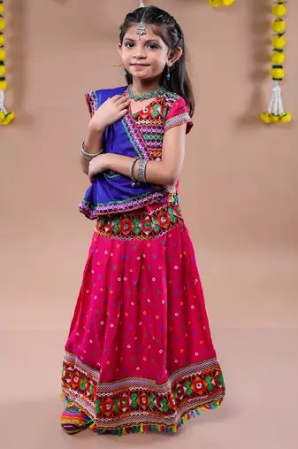 Navratri theme cotton half sleeves kutch work embroidered lehenga choli with dupatta - pink