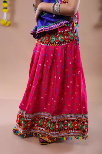 Navratri theme cotton half sleeves kutch work embroidered lehenga choli with dupatta - pink