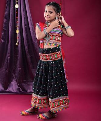 Navratri theme cotton half sleeves kutch work embroidered lehenga choli with dupatta - black 5